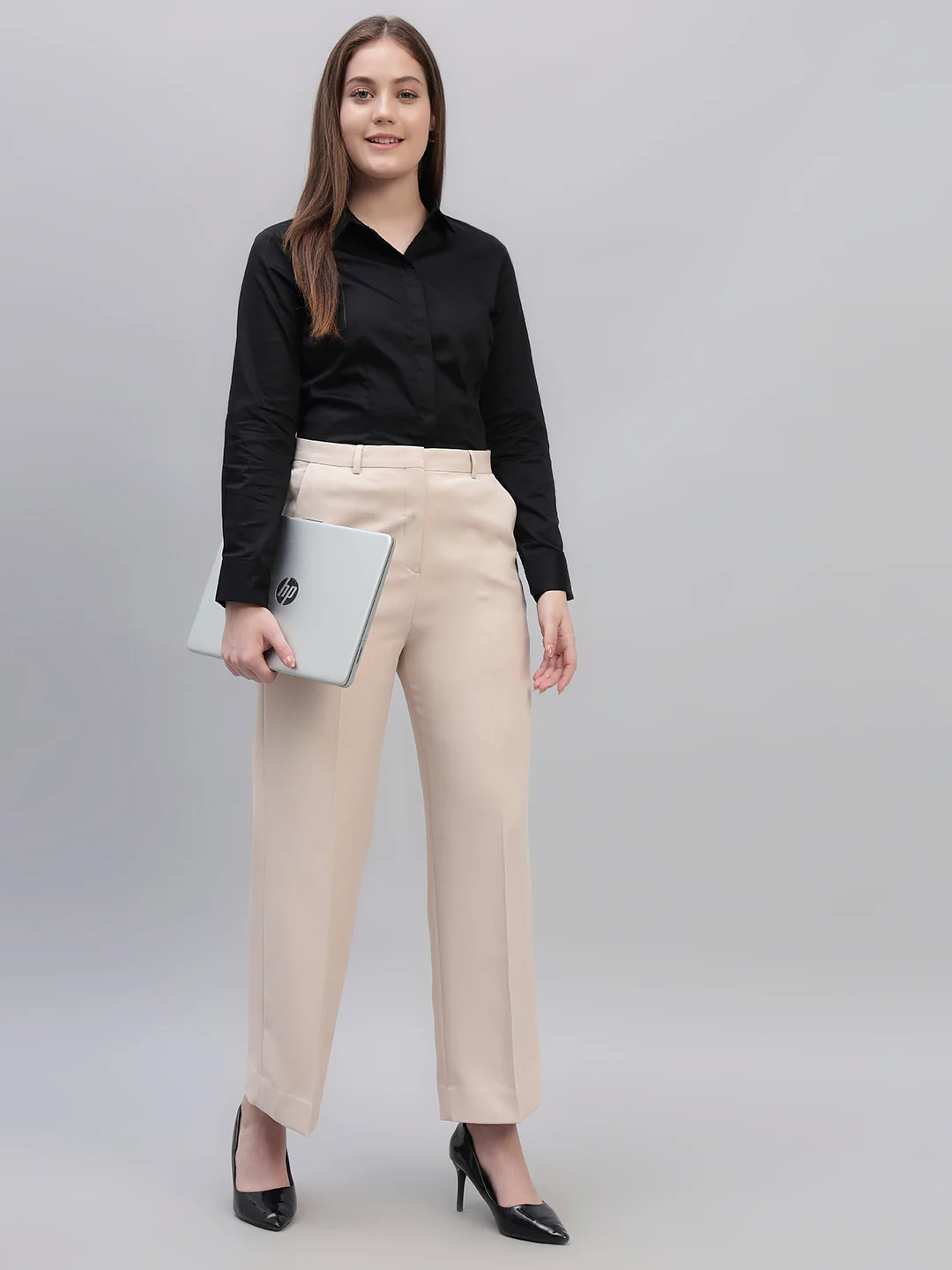 Women's Beige Solid Non Pleated Regular Fit High Waist Formal Trouser - Image 7