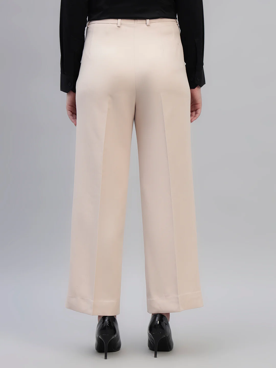 Women's Beige Solid Non Pleated Regular Fit High Waist Formal Trouser - Image 8