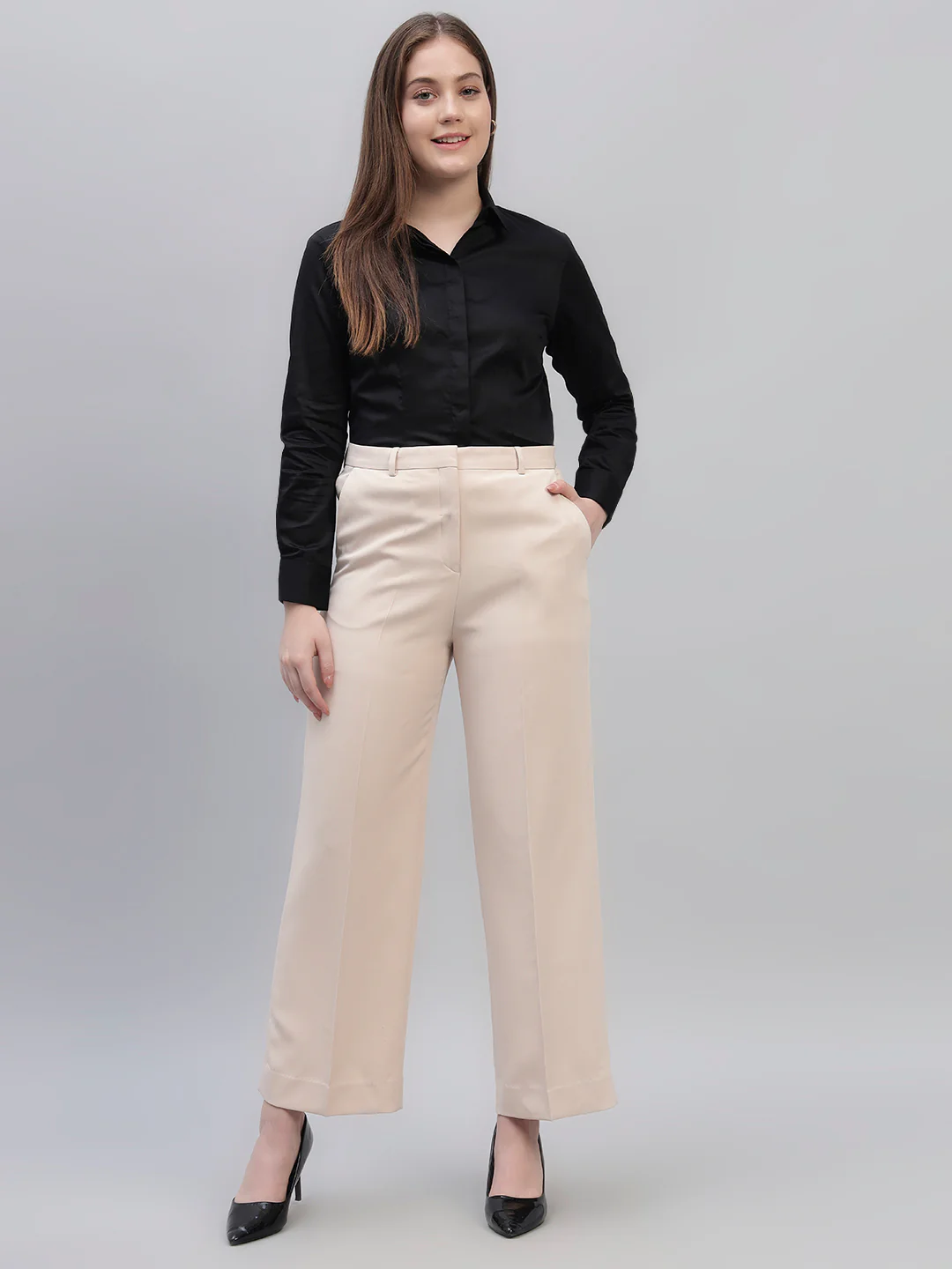 Women's Beige Solid Non Pleated Regular Fit High Waist Formal Trouser - Image 9