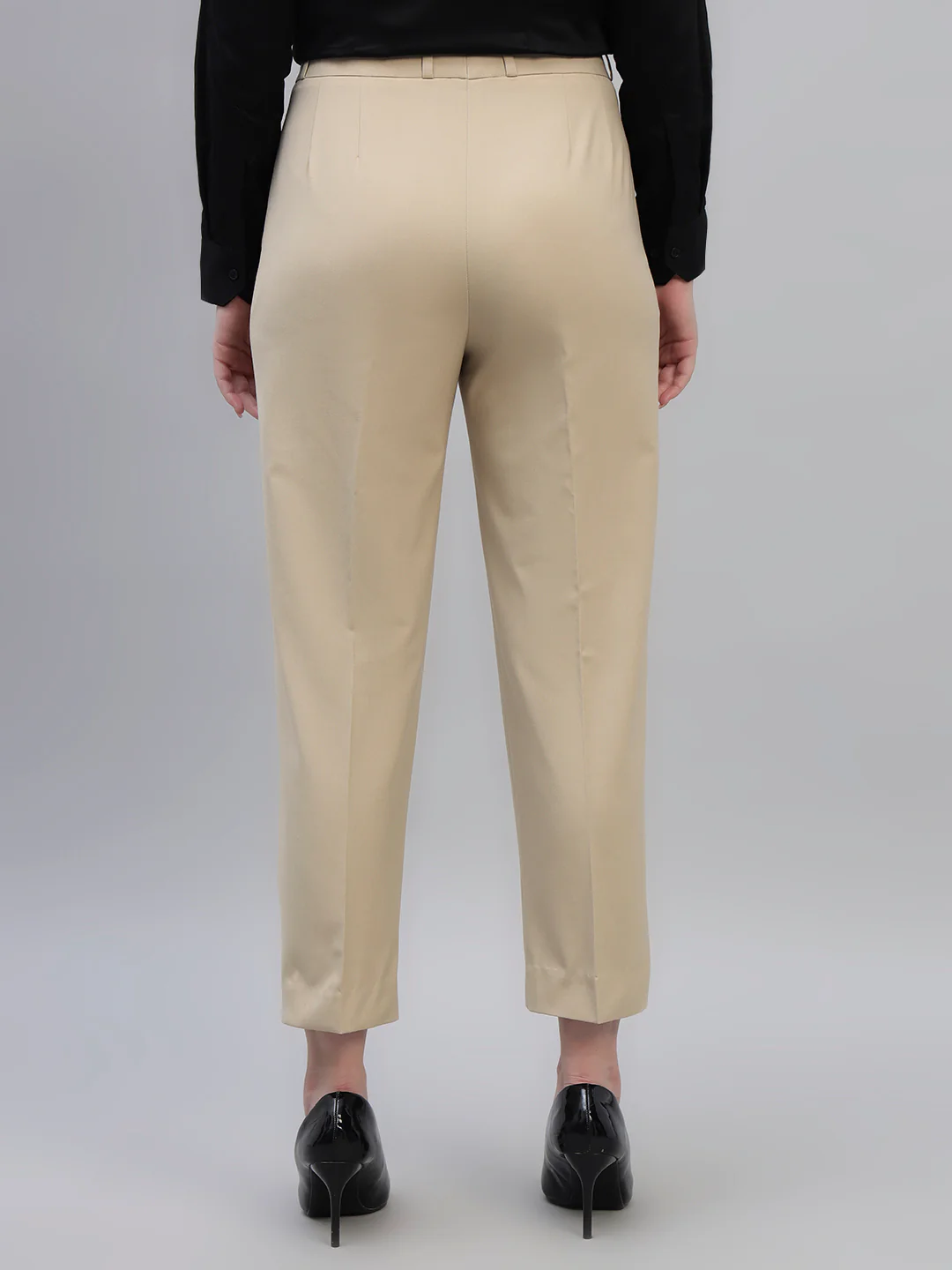 Women's Beige Solid Non Pleated Regular Fit High Waist Formal Trouser - Image 2