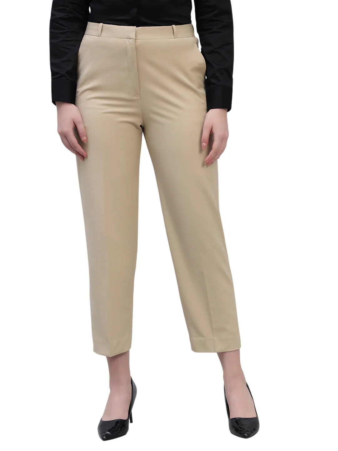 Women's Beige Solid Non Pleated Regular Fit High Waist Formal Trouser - Image 3