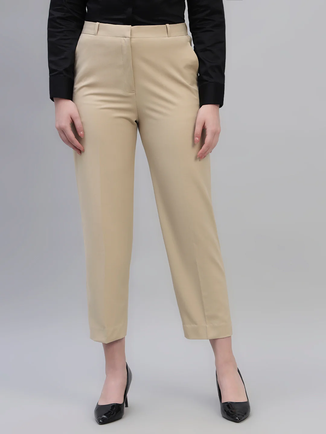 Women's Beige Solid Non Pleated Regular Fit High Waist Formal Trouser - Image 4