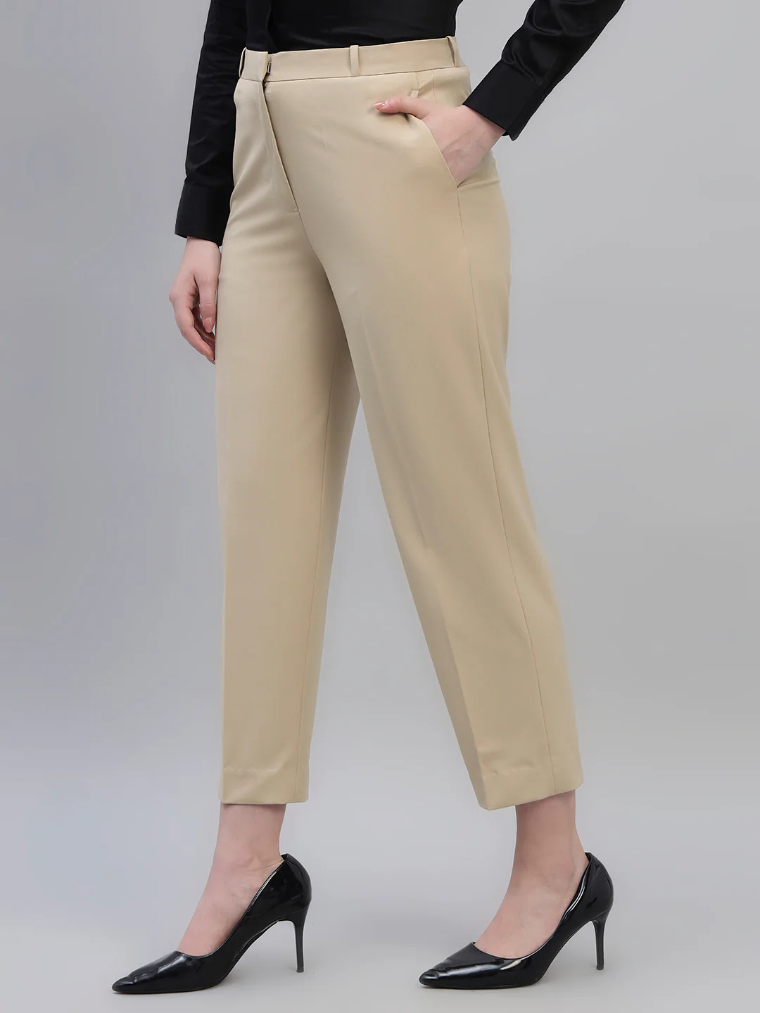 Women's Beige Solid Non Pleated Regular Fit High Waist Formal Trouser - Image 5