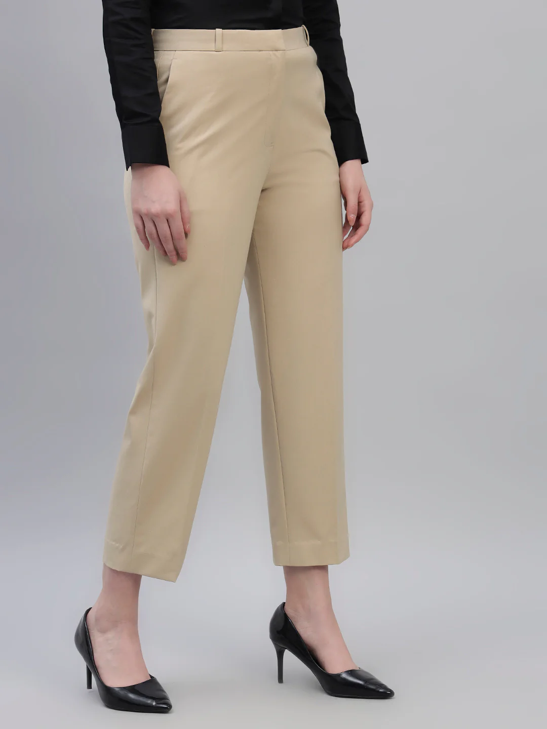 Women's Beige Solid Non Pleated Regular Fit High Waist Formal Trouser - Image 6