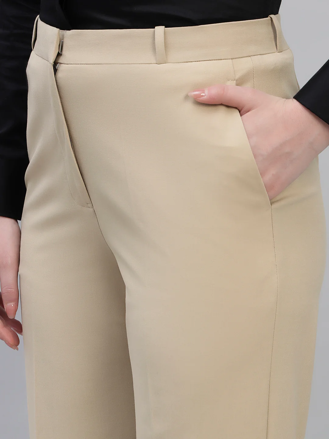 Women's Beige Solid Non Pleated Regular Fit High Waist Formal Trouser - Image 7
