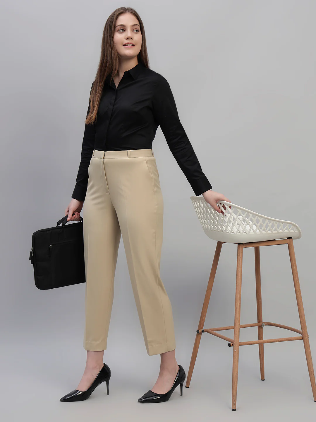Women's Beige Solid Non Pleated Regular Fit High Waist Formal Trouser - Image 8