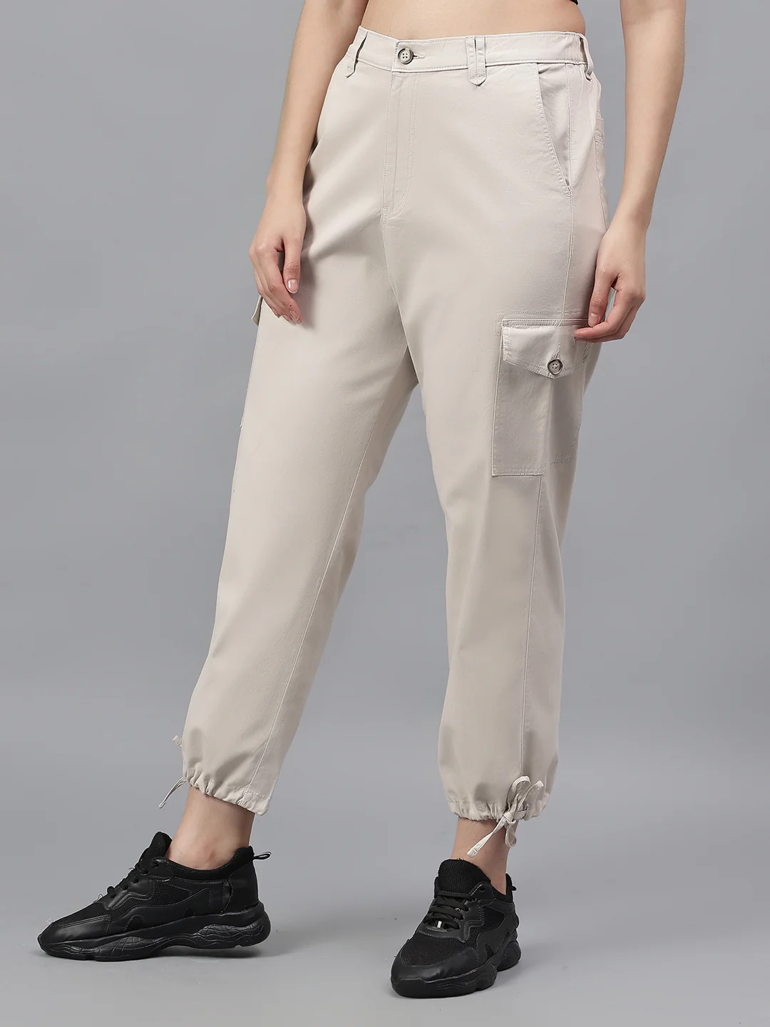 Women's Beige Solid Regular Fit Casual Cargo - Image 3