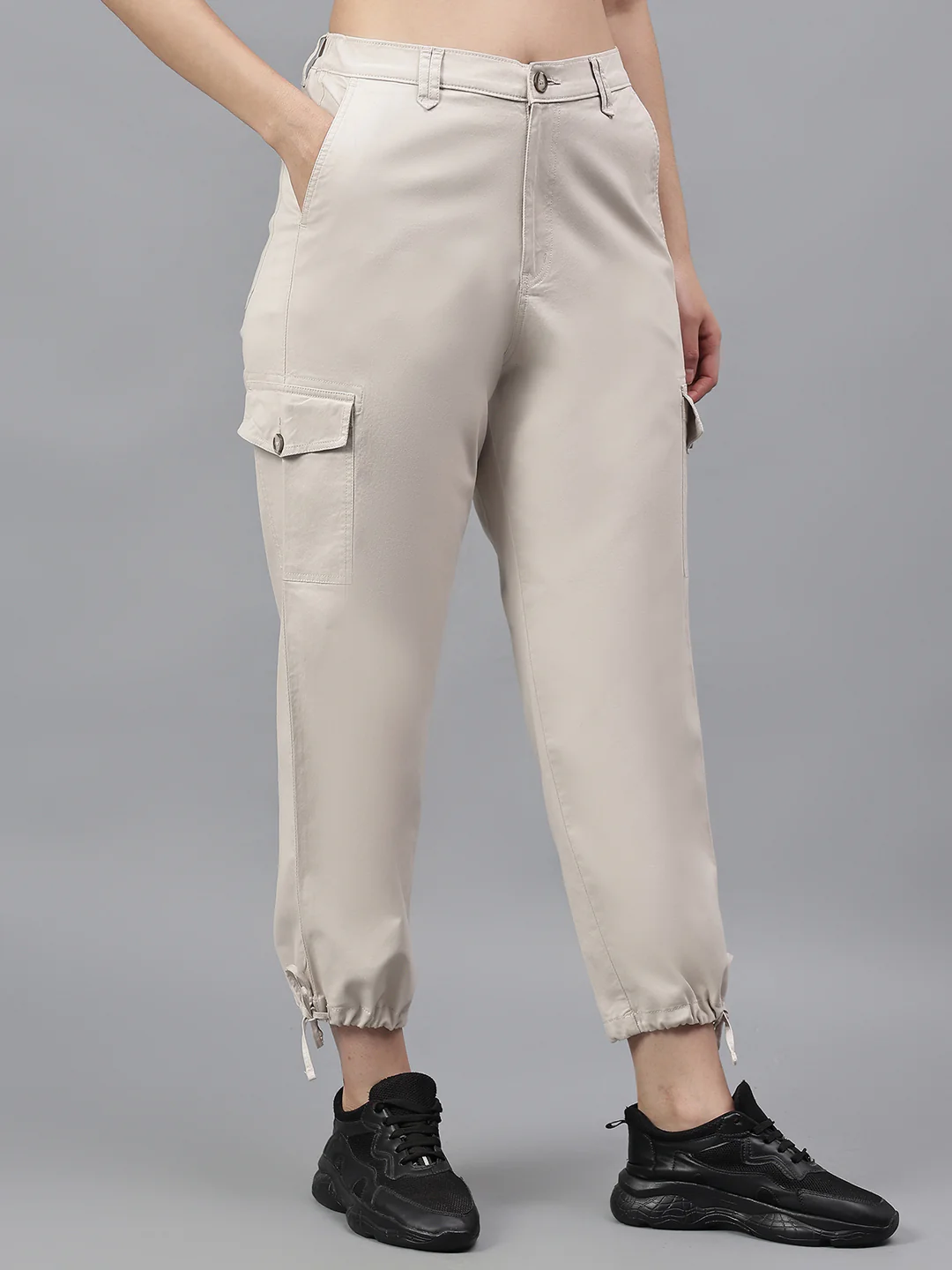 Women's Beige Solid Regular Fit Casual Cargo - Image 4
