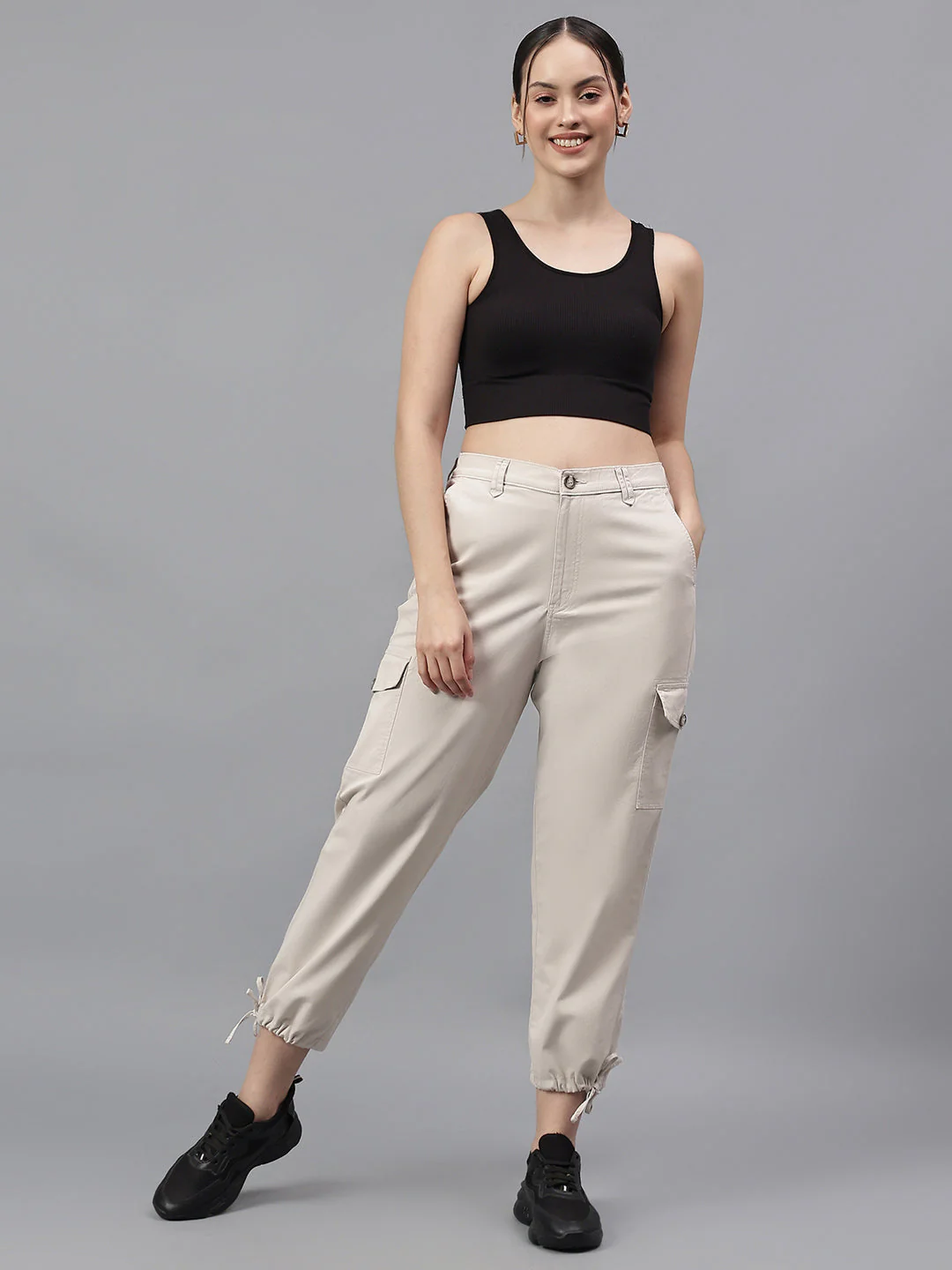 Women's Beige Solid Regular Fit Casual Cargo - Image 6