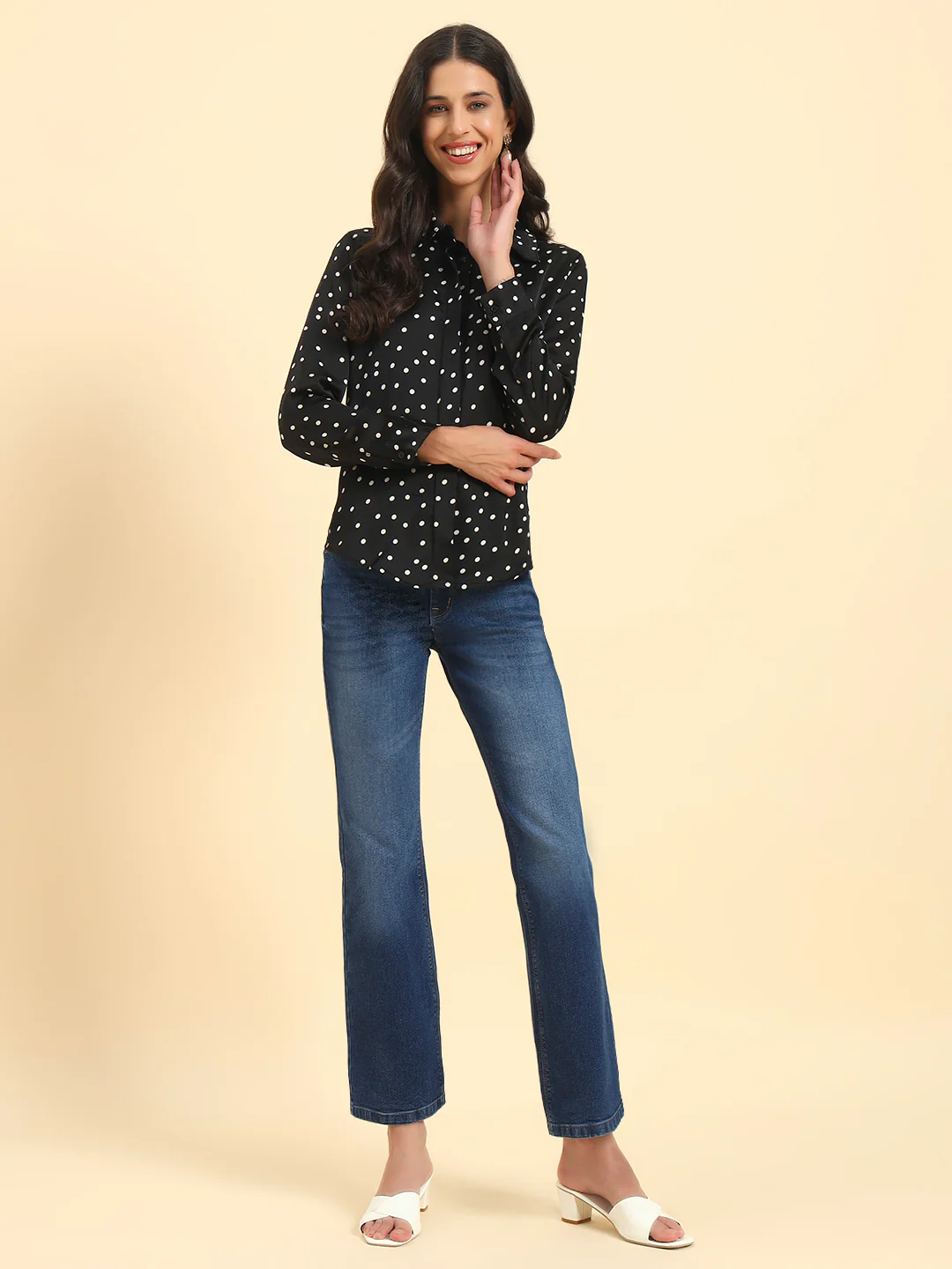 Women's Black Polka Dot Full Sleeve Spread Collar Casual Top - Image 2