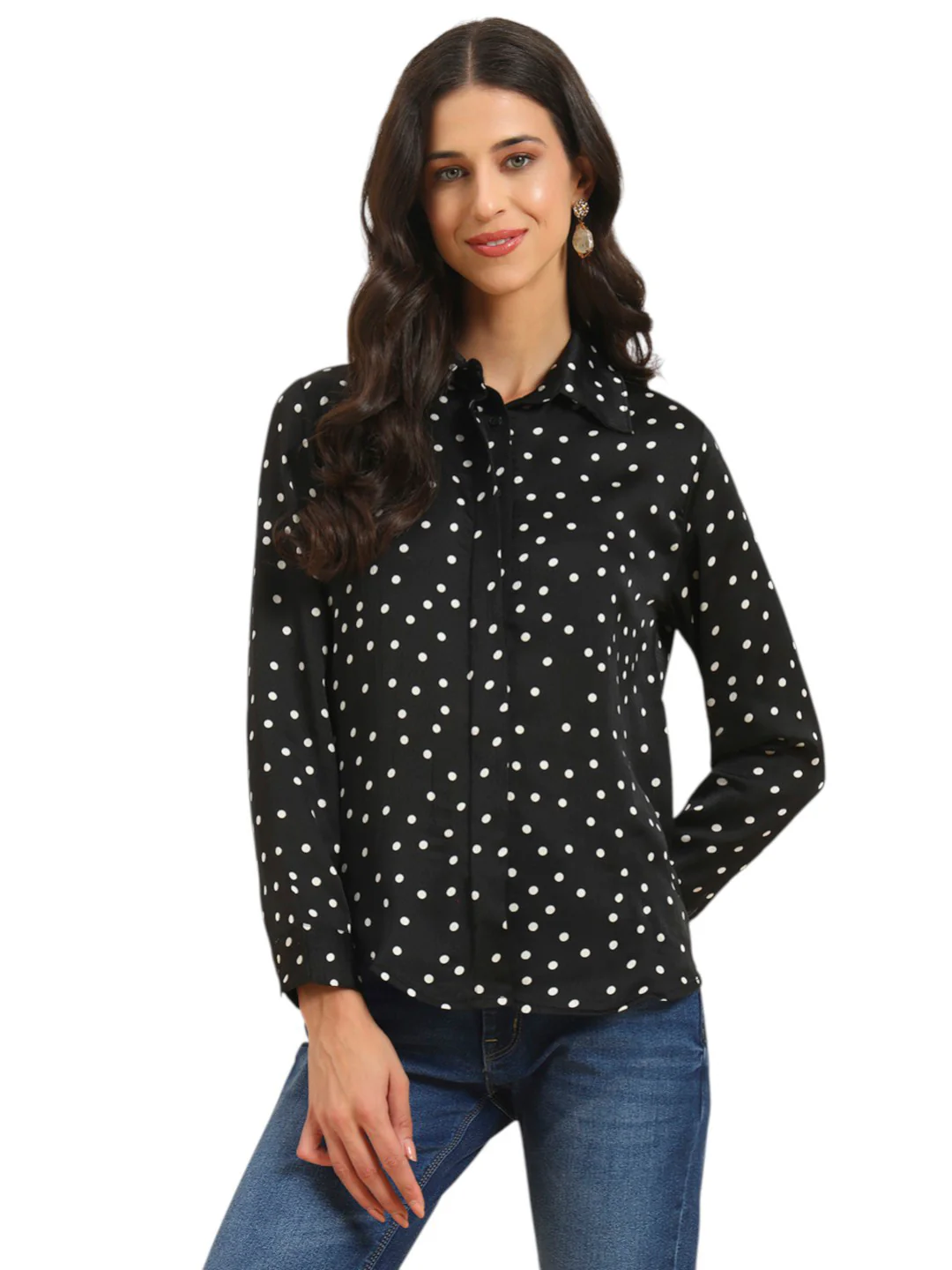 Women's Black Polka Dot Full Sleeve Spread Collar Casual Top - Image 3