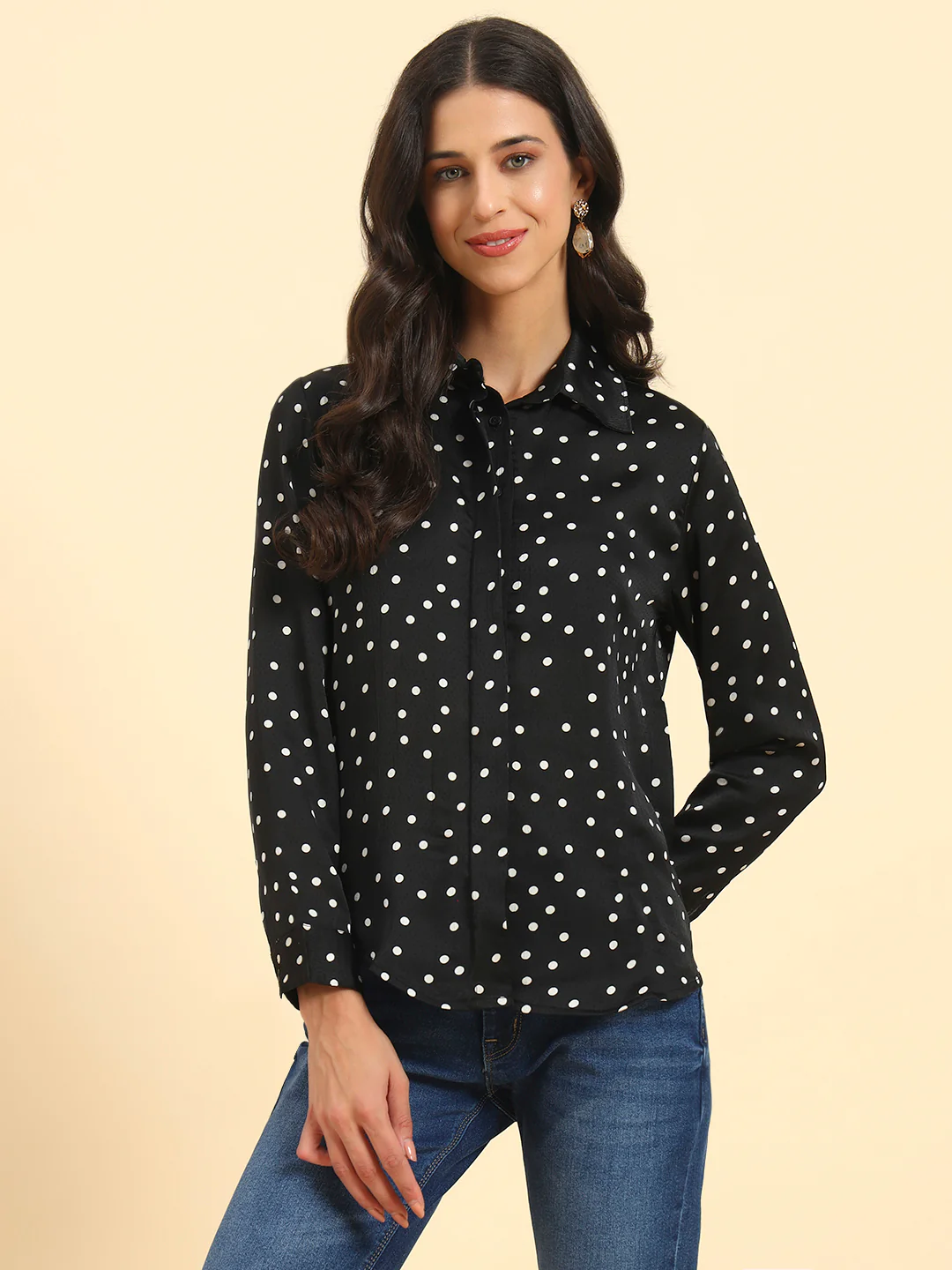 Women's Black Polka Dot Full Sleeve Spread Collar Casual Top - Image 4