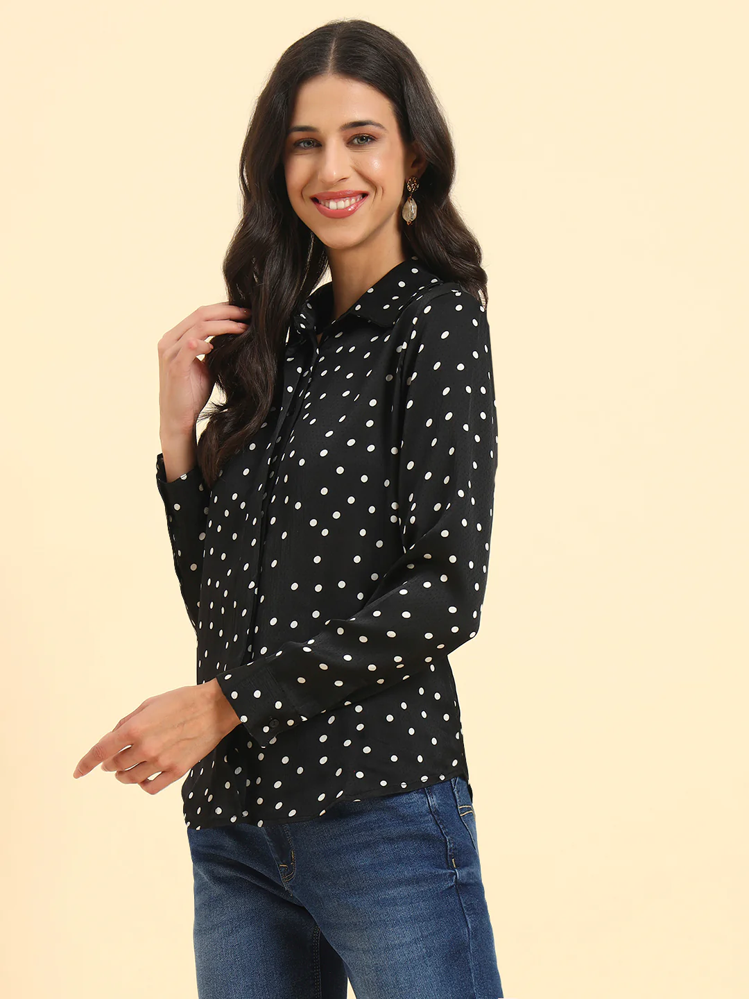 Women's Black Polka Dot Full Sleeve Spread Collar Casual Top - Image 5