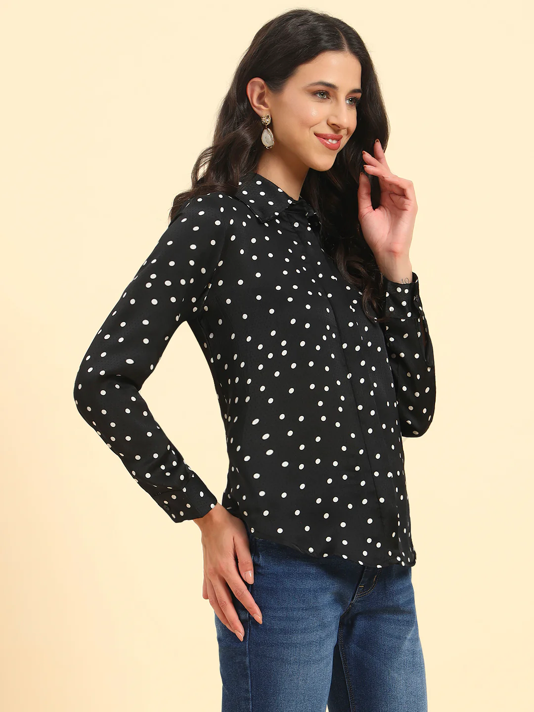 Women's Black Polka Dot Full Sleeve Spread Collar Casual Top - Image 6