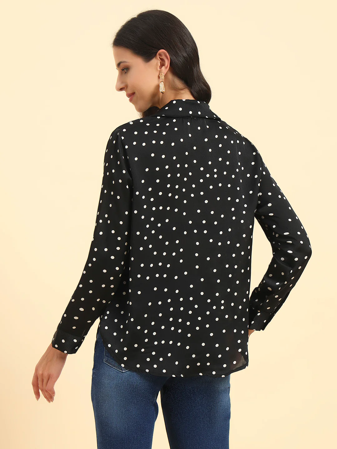 Women's Black Polka Dot Full Sleeve Spread Collar Casual Top - Image 7