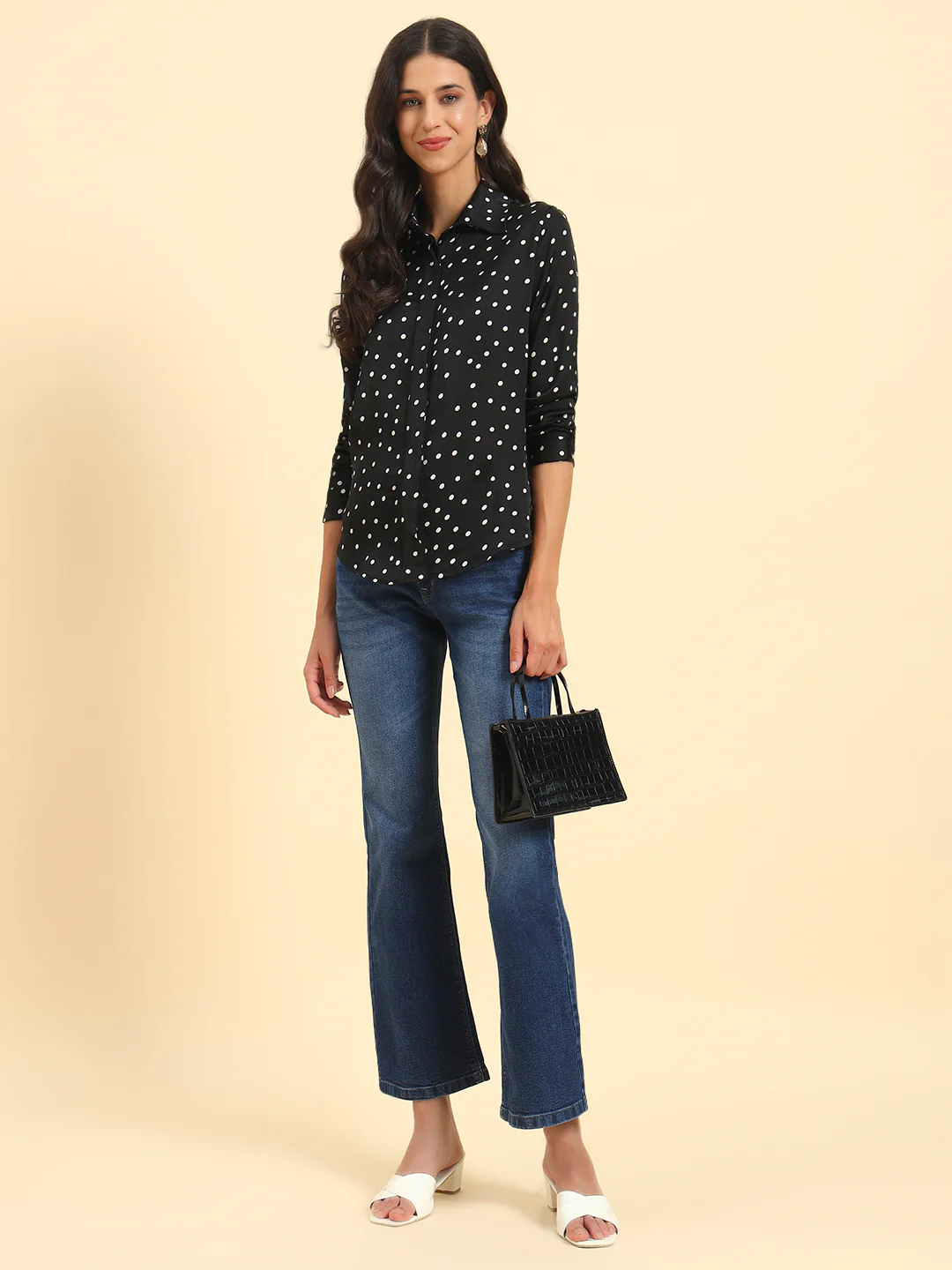 Women's Black Polka Dot Full Sleeve Spread Collar Casual Top - Image 9