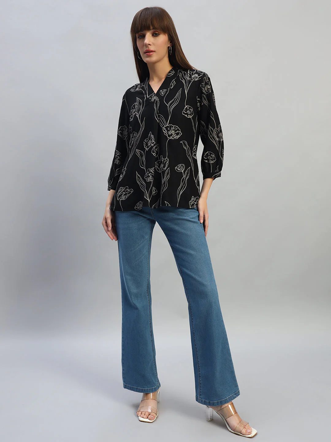 Women's Black Printed Full Sleeves V-Neck Casual Top - Image 7