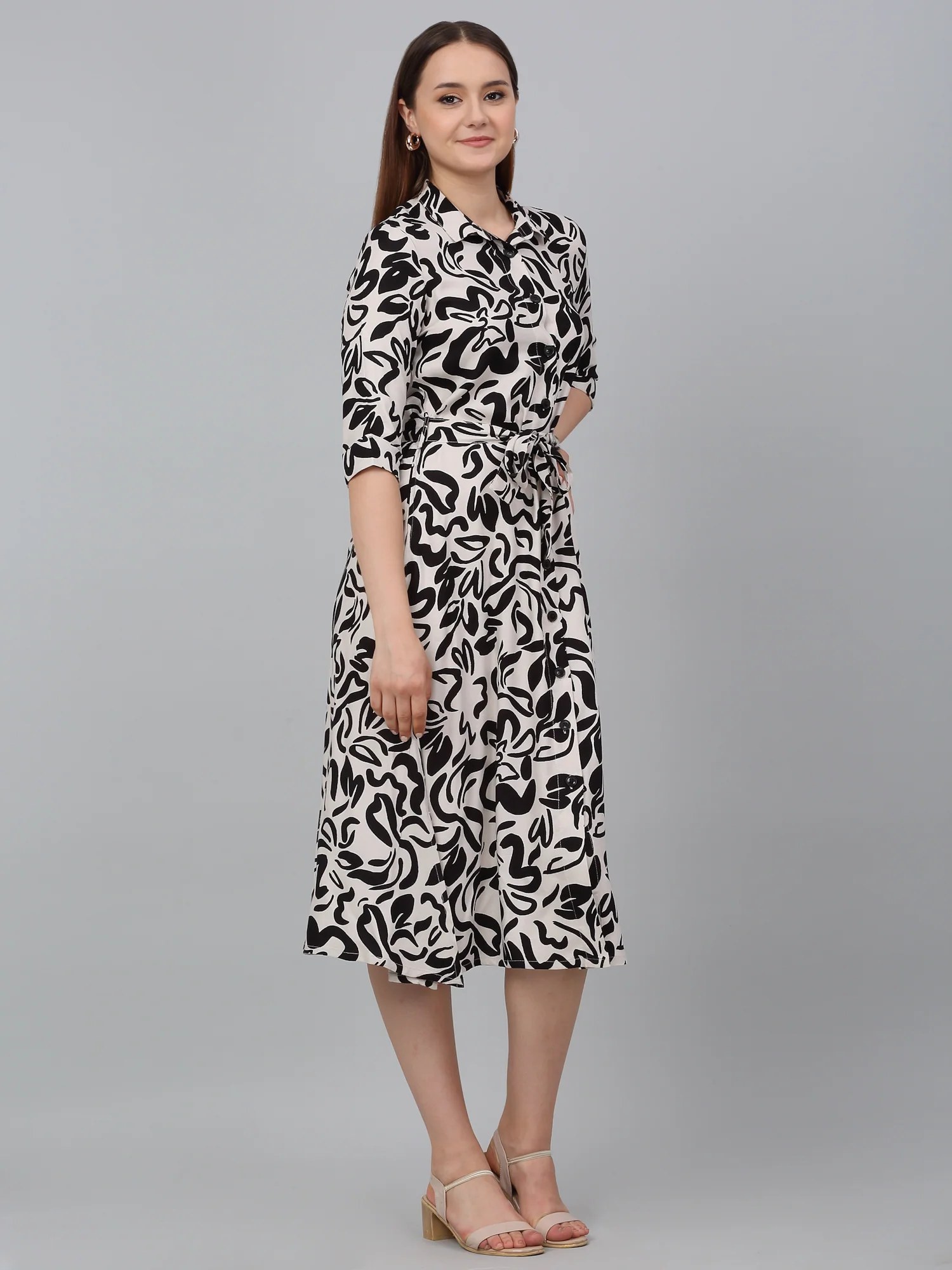 Women's Black Printed Spread Collar Casual Dress - Image 3