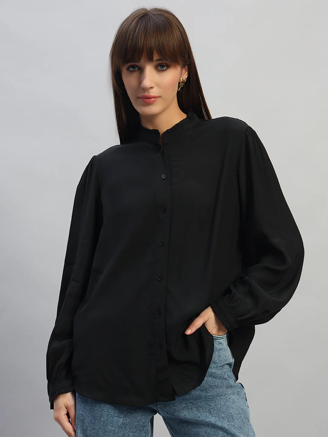 Women's Black Solid Full Sleeves Mandarin Collar Casual Top - Image 2