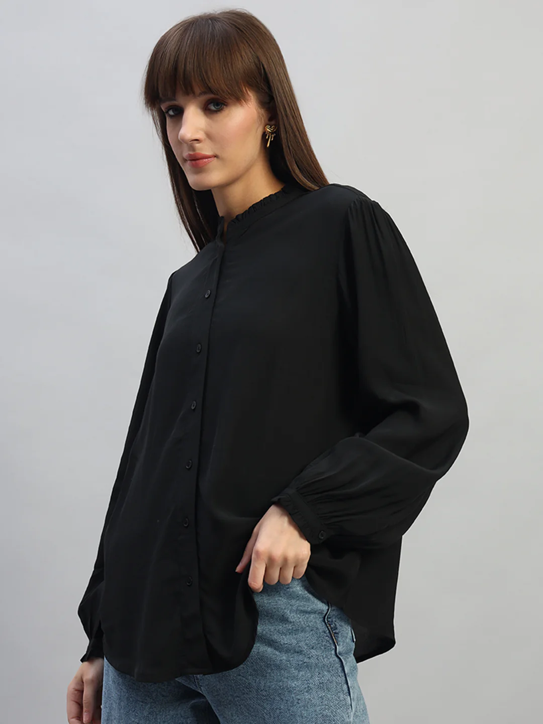 Women's Black Solid Full Sleeves Mandarin Collar Casual Top - Image 3
