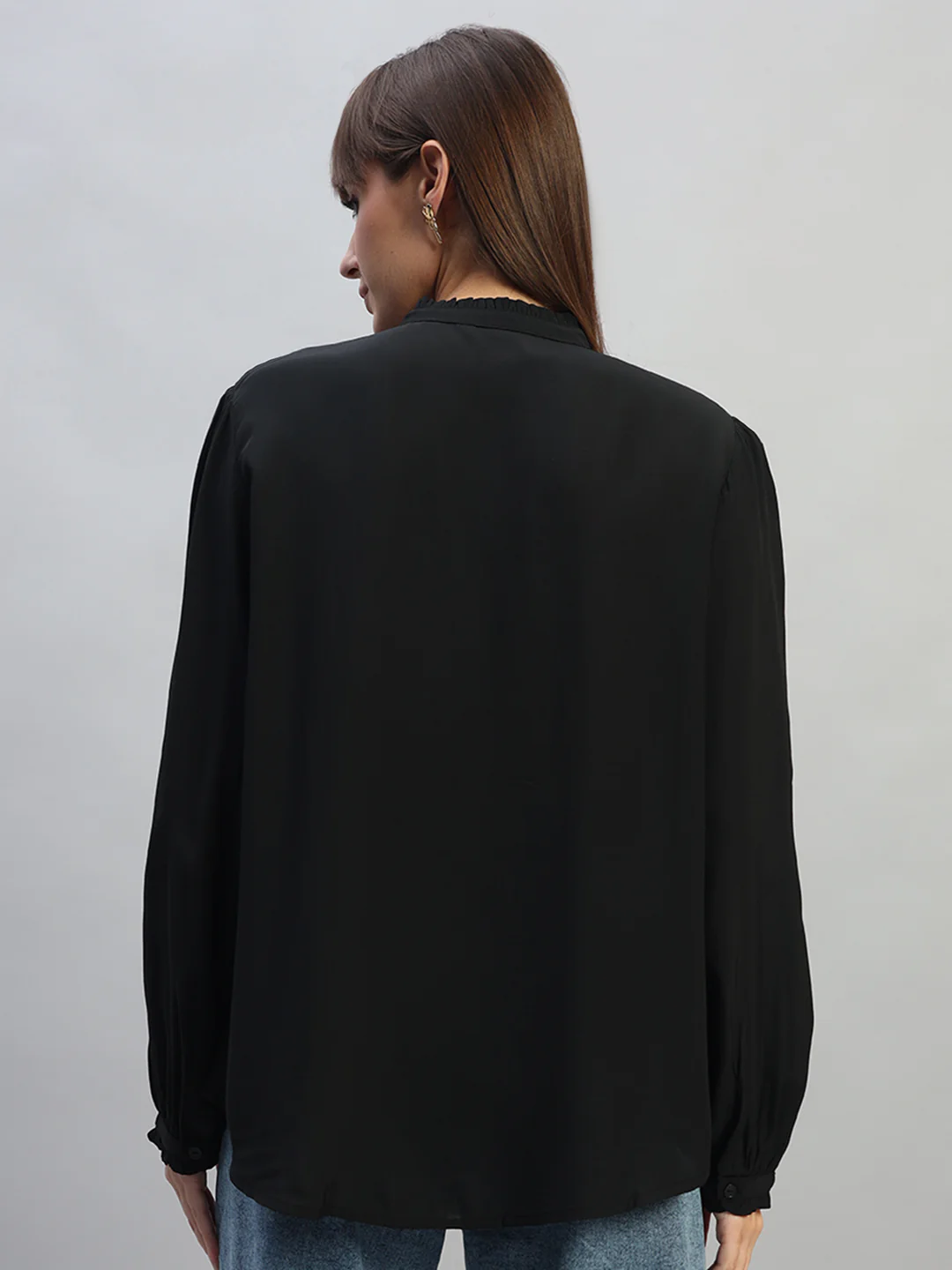 Women's Black Solid Full Sleeves Mandarin Collar Casual Top - Image 4