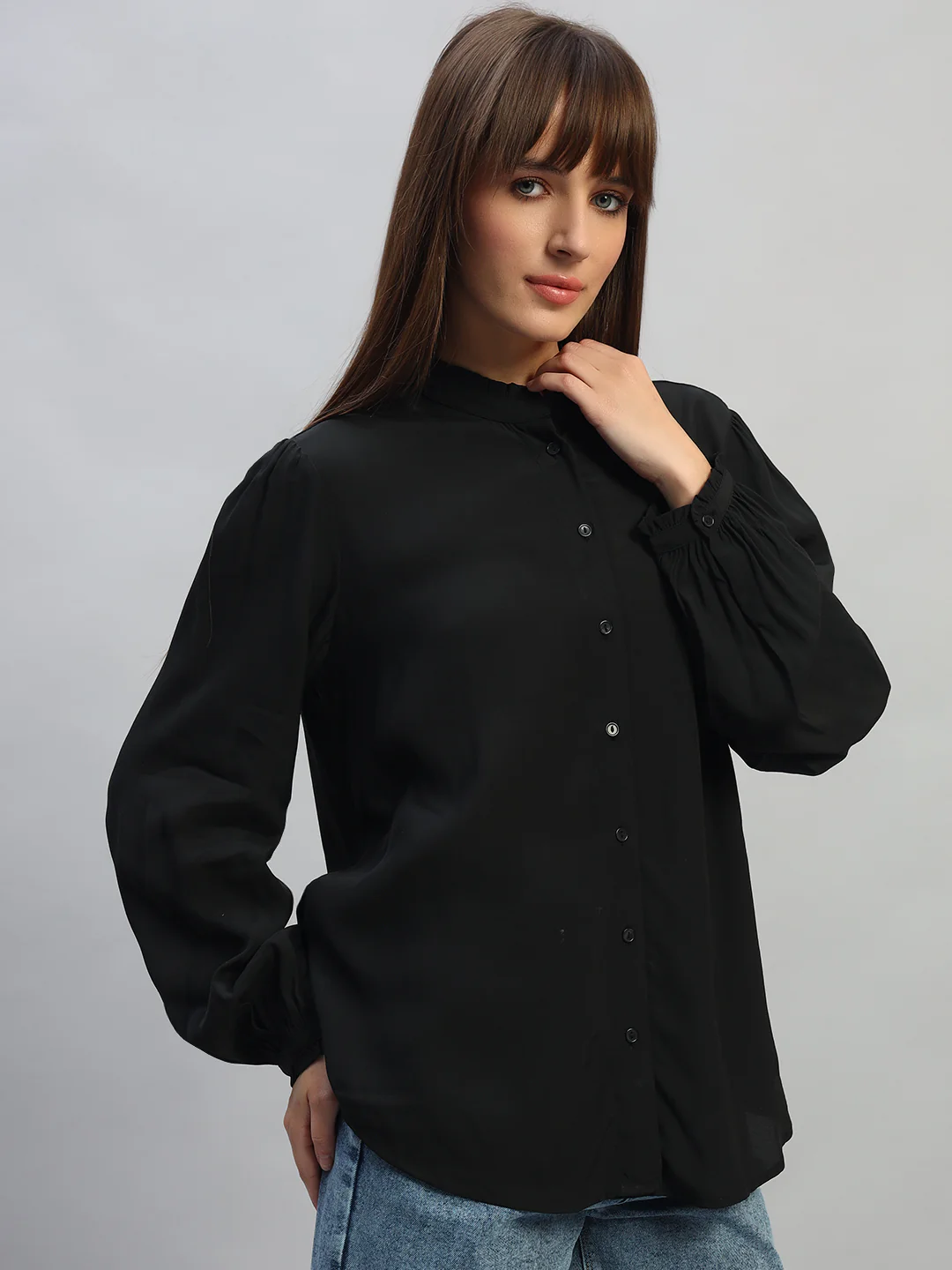 Women's Black Solid Full Sleeves Mandarin Collar Casual Top - Image 5