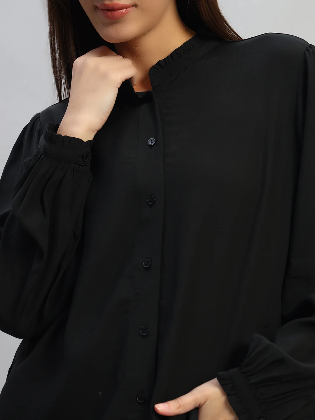 Women's Black Solid Full Sleeves Mandarin Collar Casual Top - Image 6