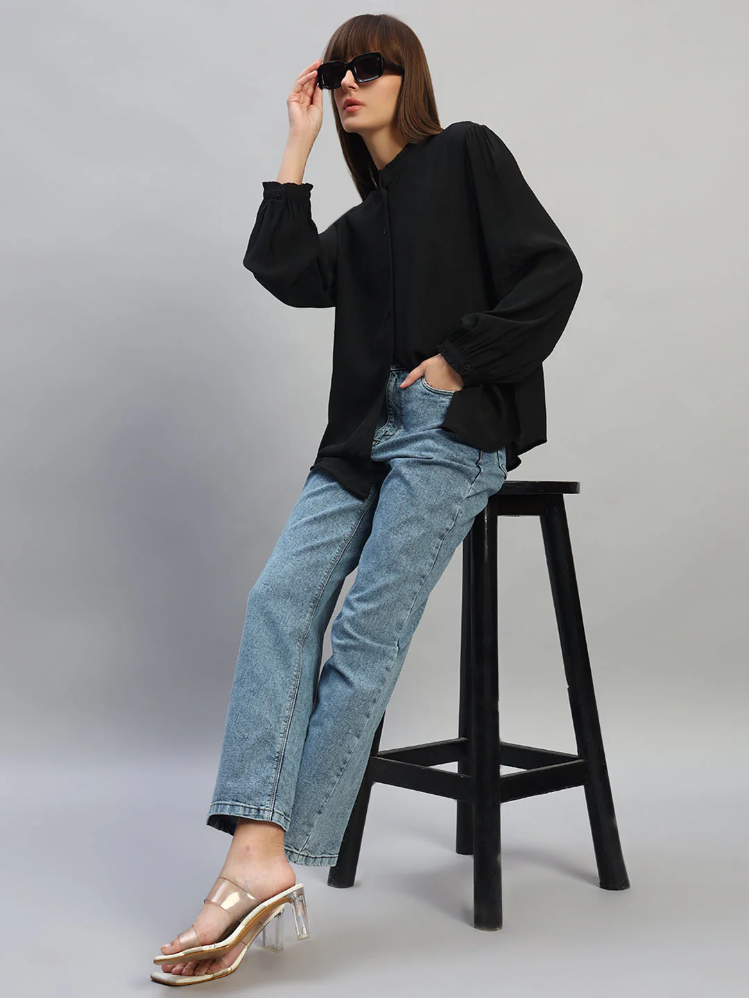 Women's Black Solid Full Sleeves Mandarin Collar Casual Top - Image 7