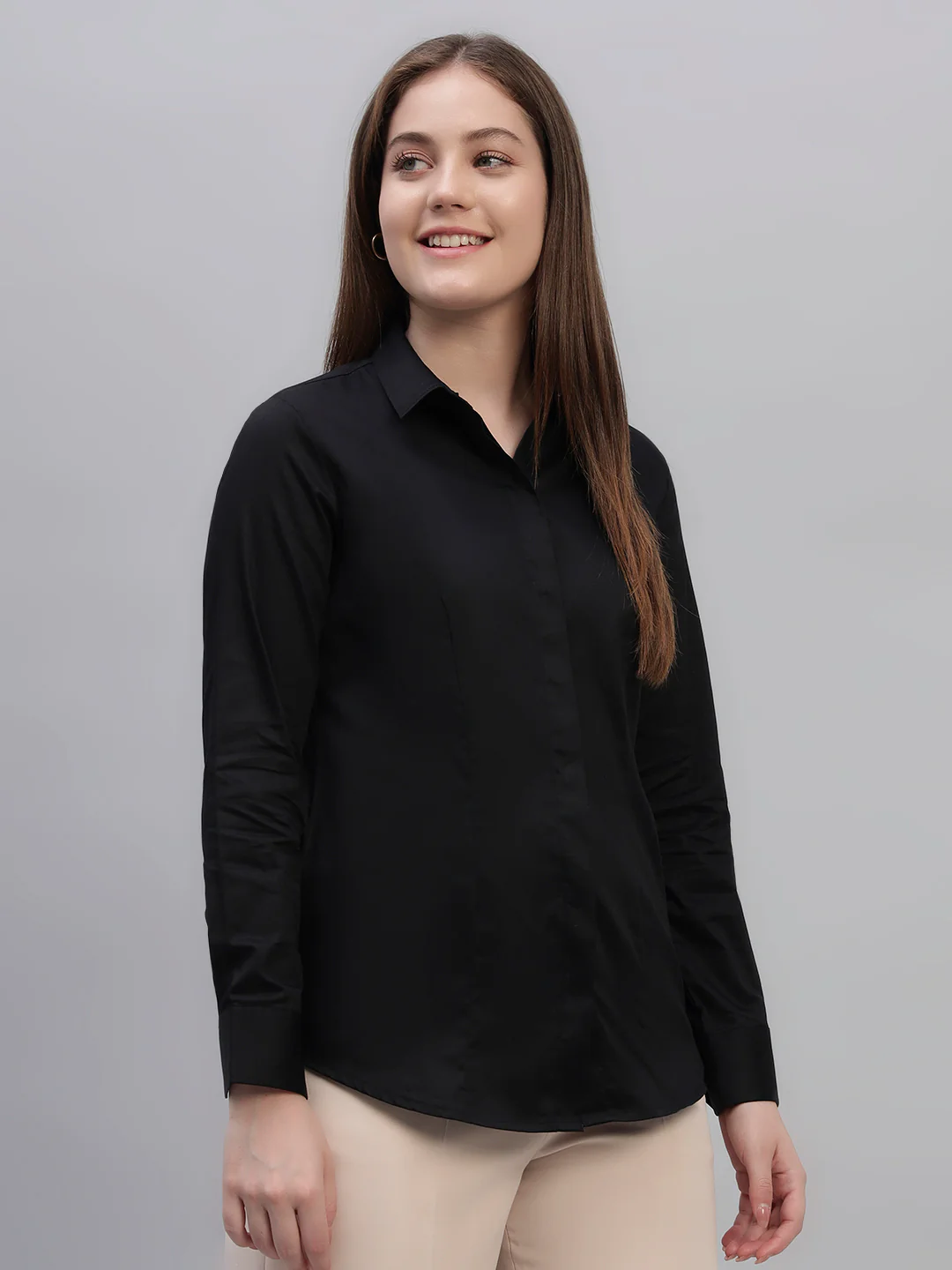 Women Black Slim Fit Formal Shirt | Cantabil - Image 3