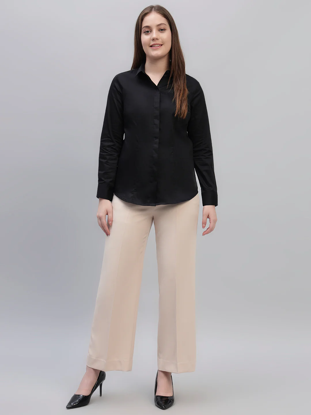 Women Black Slim Fit Formal Shirt | Cantabil - Image 4