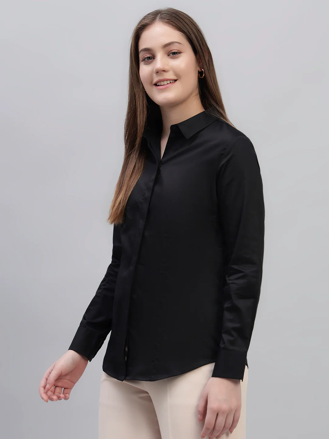 Women Black Slim Fit Formal Shirt | Cantabil - Image 7