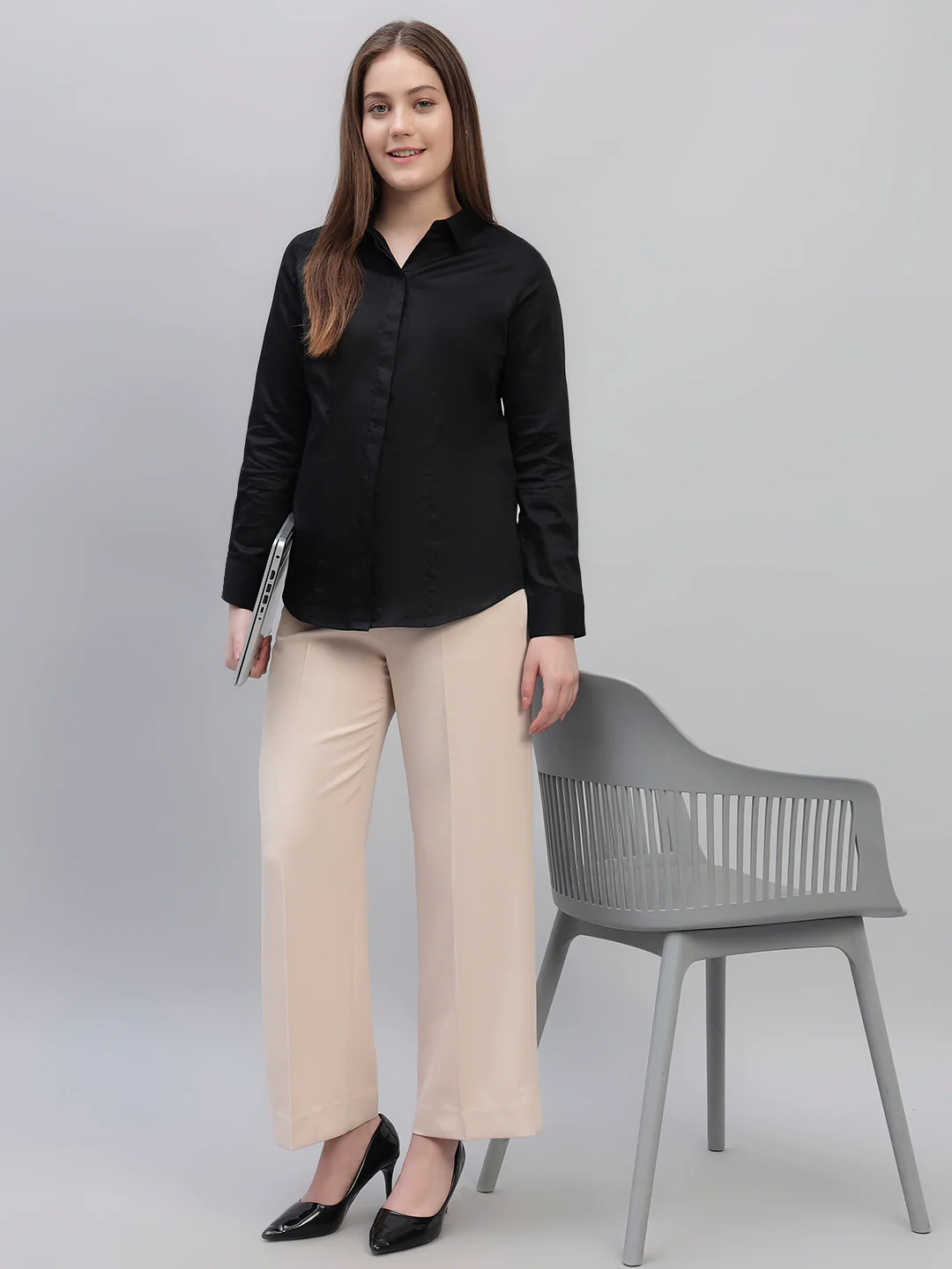 Women Black Slim Fit Formal Shirt | Cantabil - Image 8