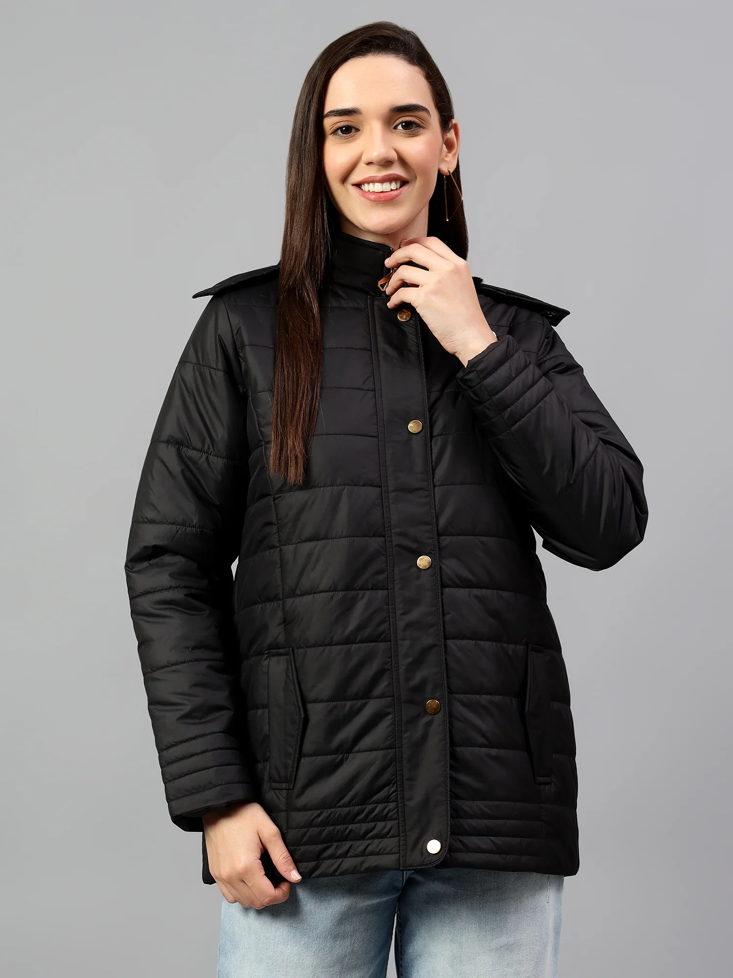 Women's Black Solid Full Sleeves Winter Jacket - Image 3