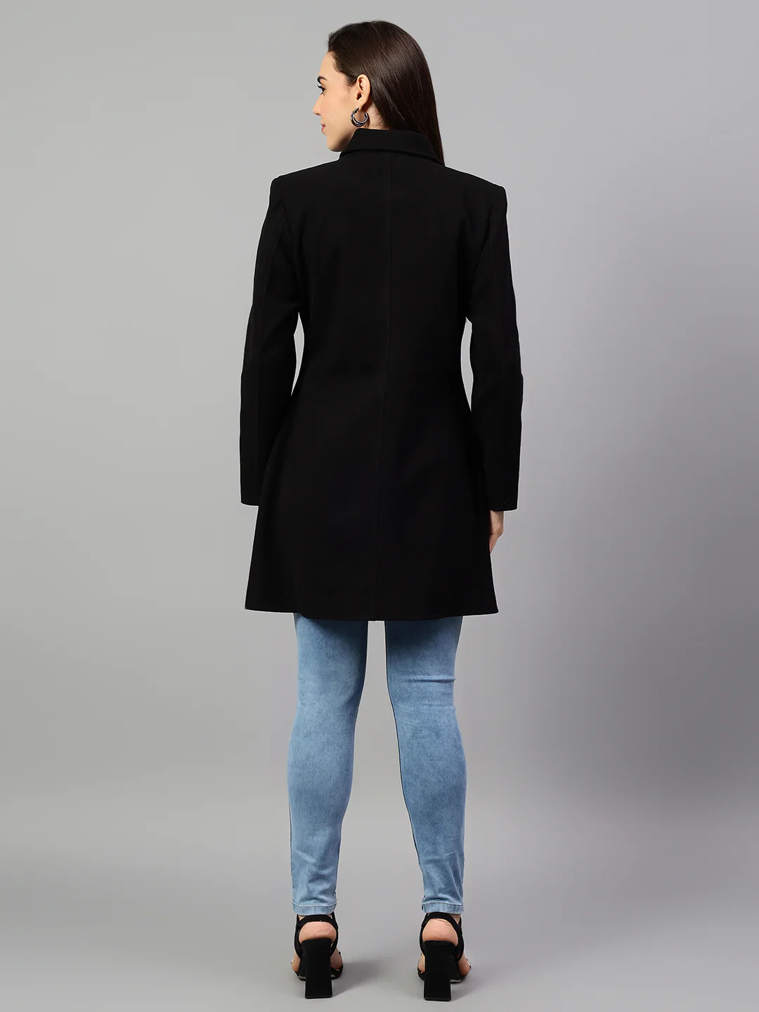 Women's Black Solid Full Sleeves Winter Long Coat - Image 2