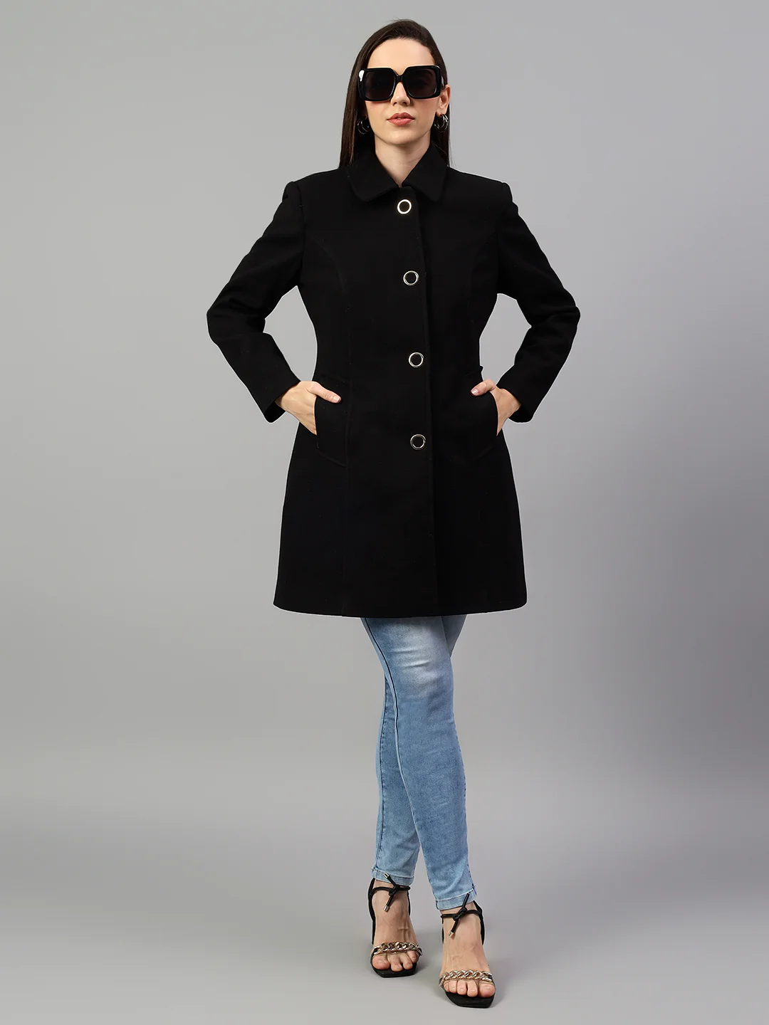 Women's Black Solid Full Sleeves Winter Long Coat - Image 3