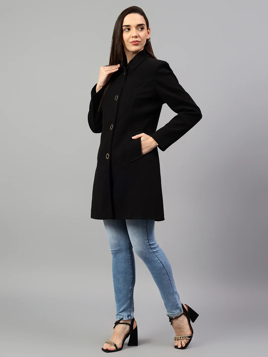 Women's Black Solid Full Sleeves Winter Long Coat - Image 4