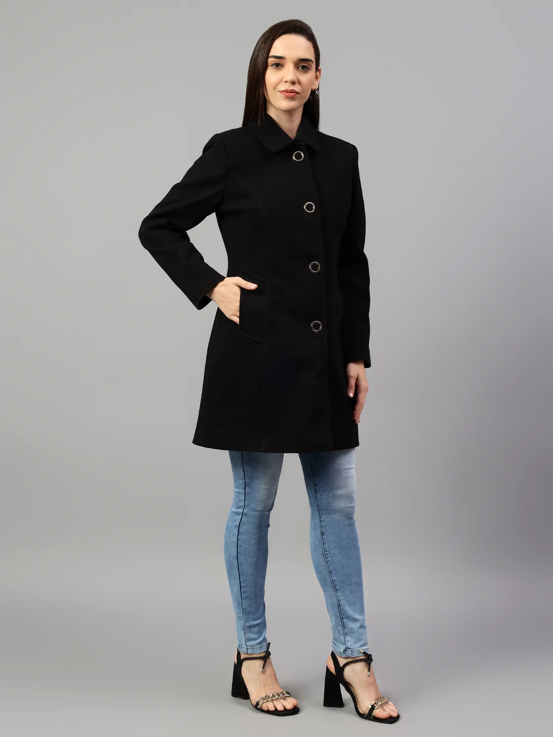 Women's Black Solid Full Sleeves Winter Long Coat - Image 5