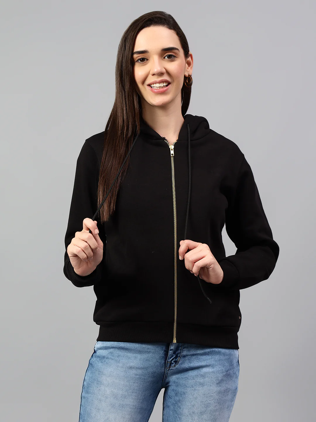 Women's Black Solid Hoody Neck Sweatshirt - Image 2