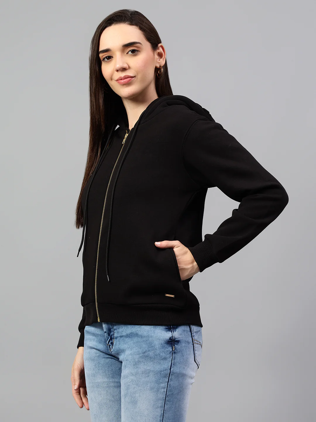 Women's Black Solid Hoody Neck Sweatshirt - Image 3