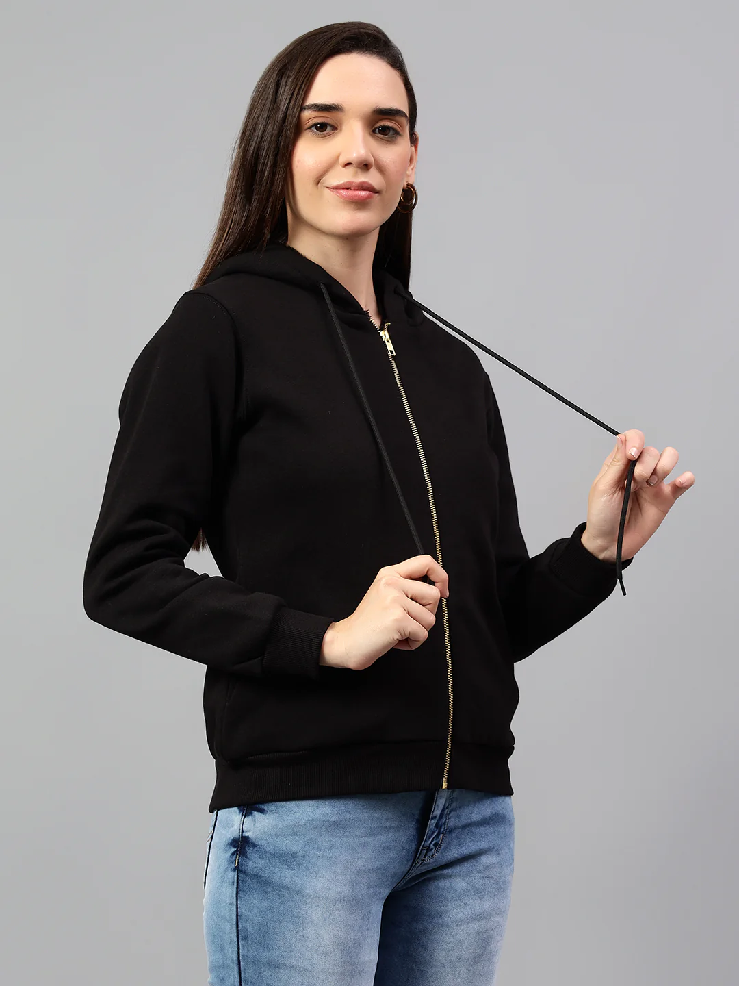 Women's Black Solid Hoody Neck Sweatshirt - Image 4