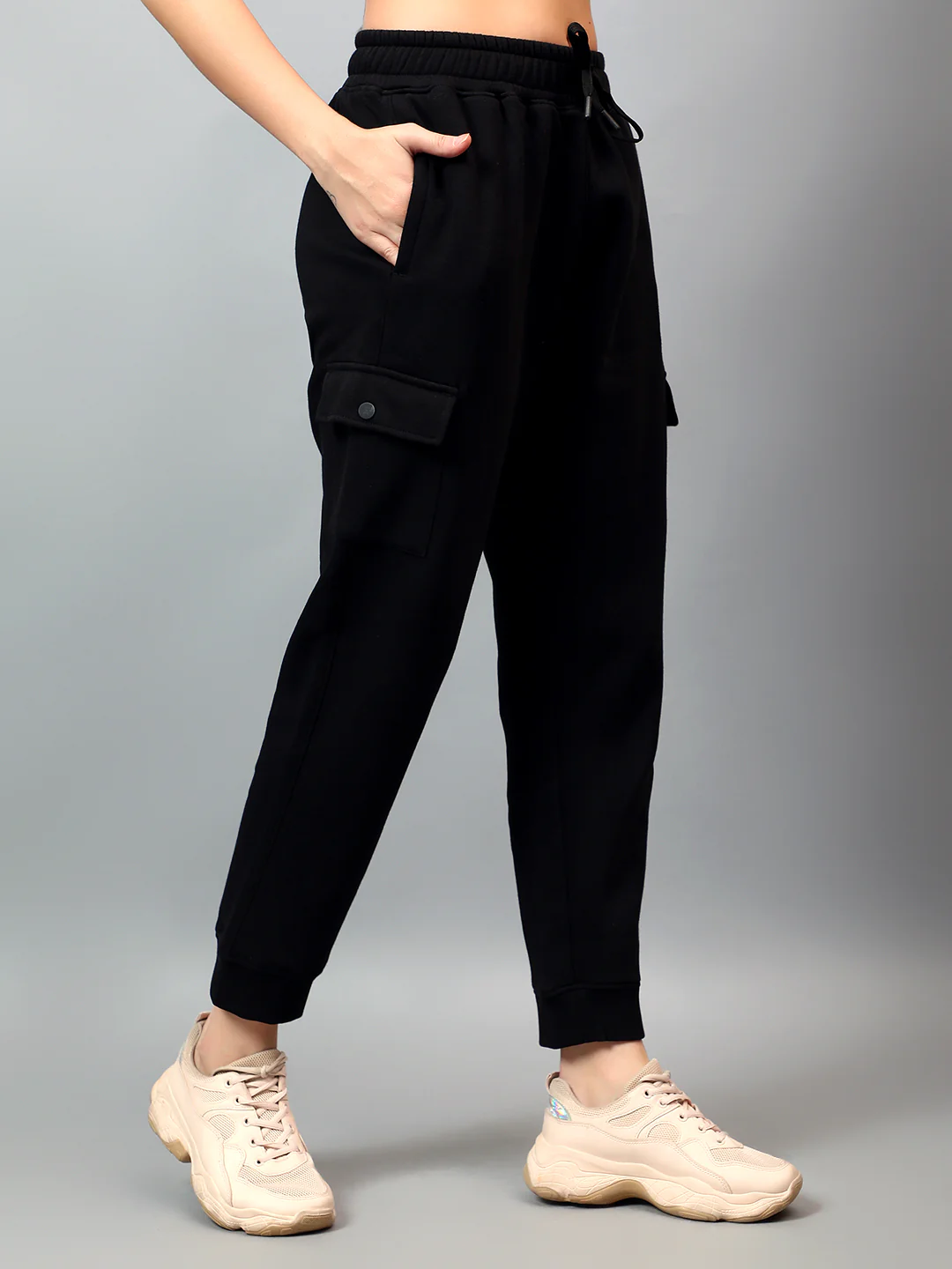 Women's Black Solid Ankle Length Regular Fit Cargo - Image 4