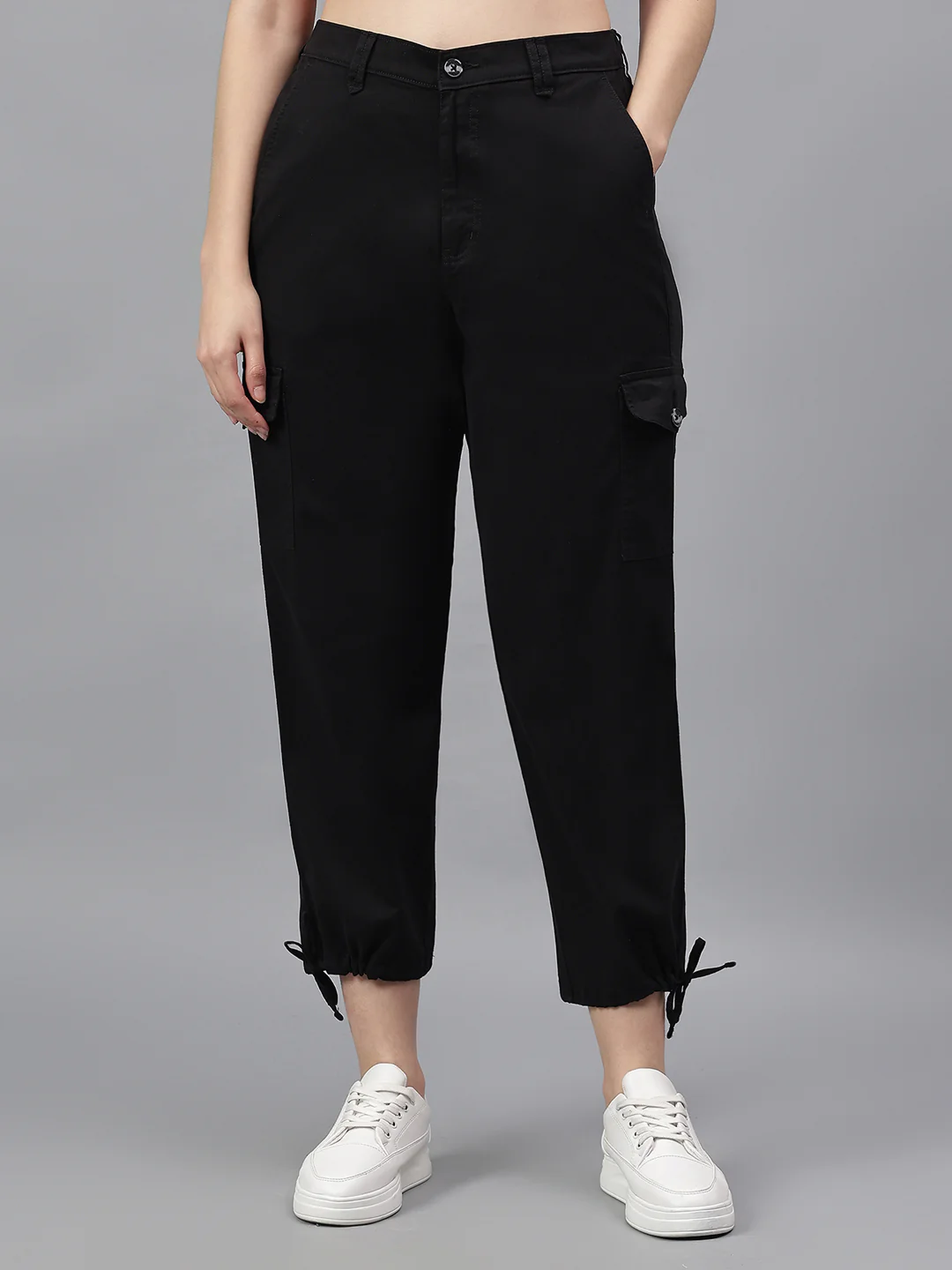 Women's Black Solid Regular Fit Casual Cargo - Image 2