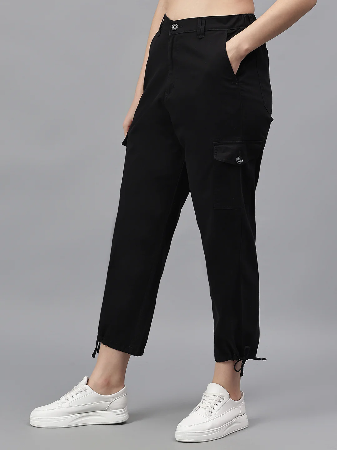Women's Black Solid Regular Fit Casual Cargo - Image 3