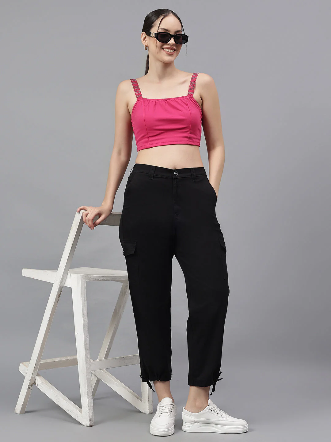 Women's Black Solid Regular Fit Casual Cargo - Image 6