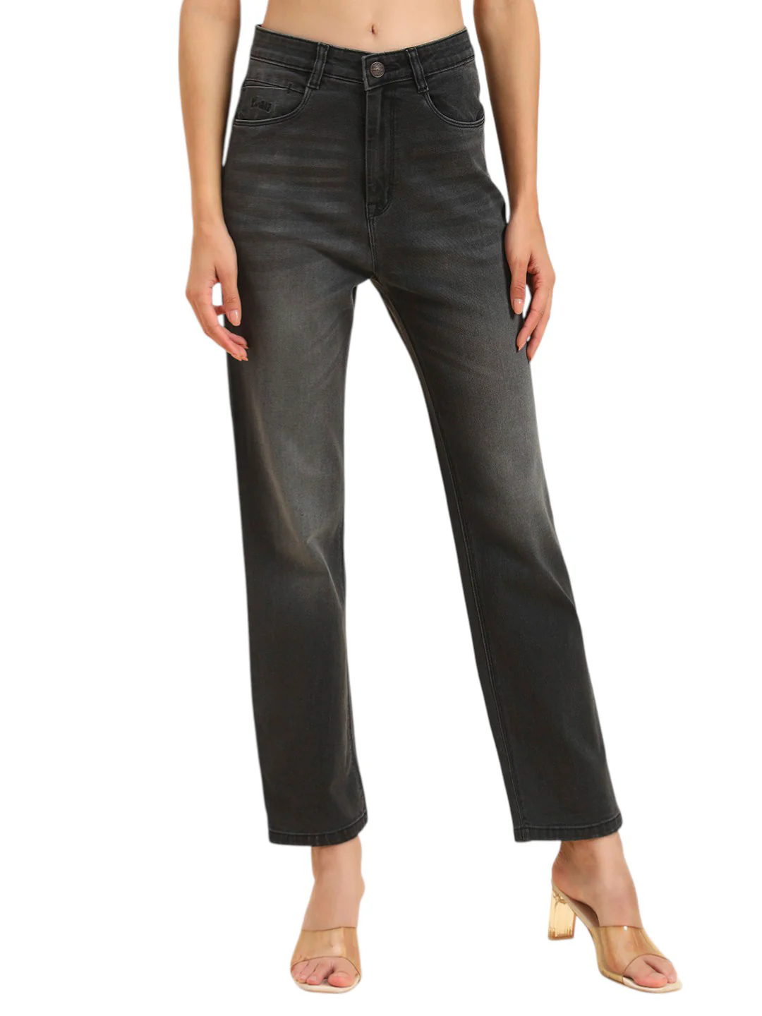 Women's Black Solid Regular Fit Casual Jeans - Image 2
