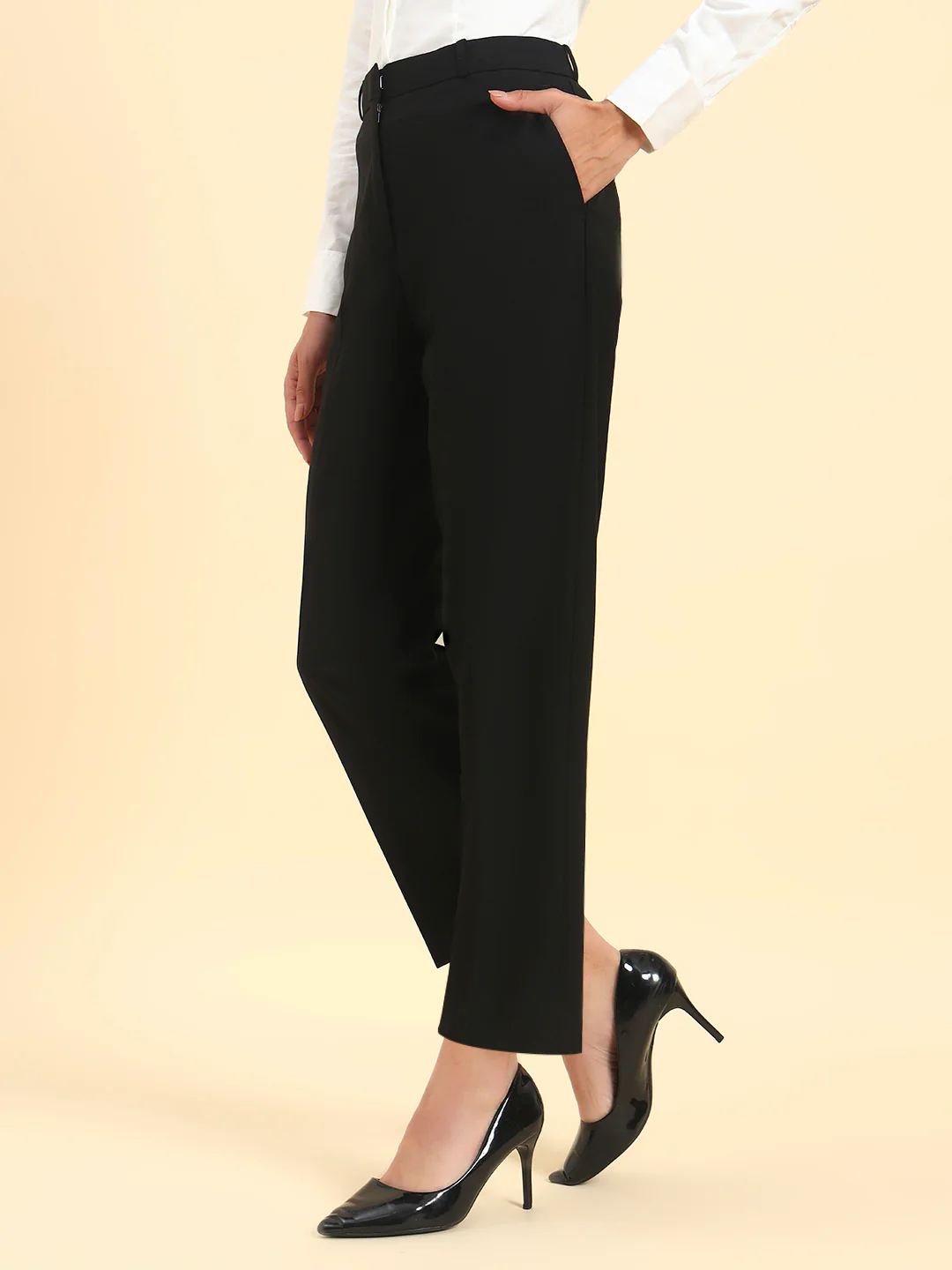Women's Black Solid Regular Fit Formal Trouser - Image 5