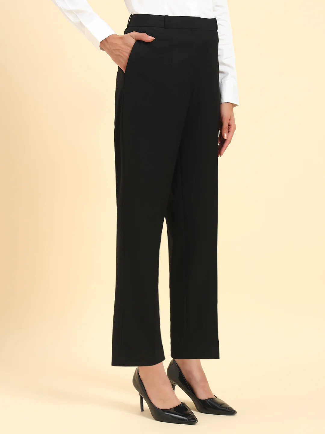 Women's Black Solid Regular Fit Formal Trouser - Image 6