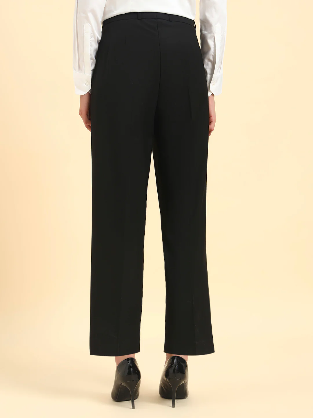 Women's Black Solid Regular Fit Formal Trouser - Image 7