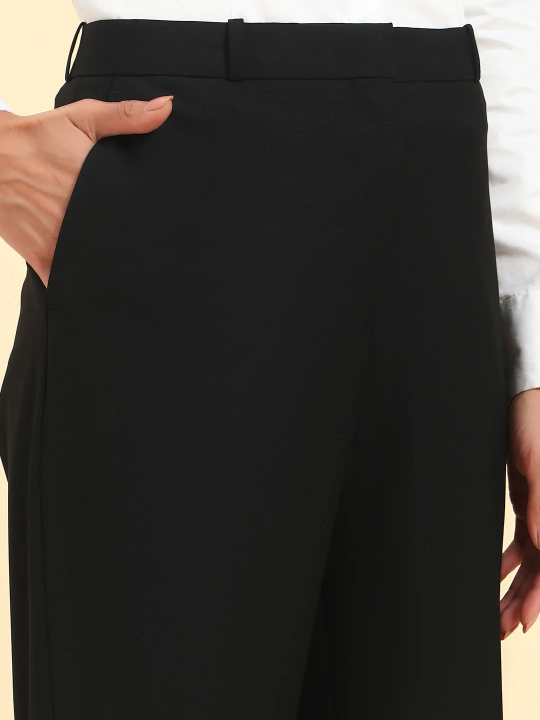 Women's Black Solid Regular Fit Formal Trouser - Image 8