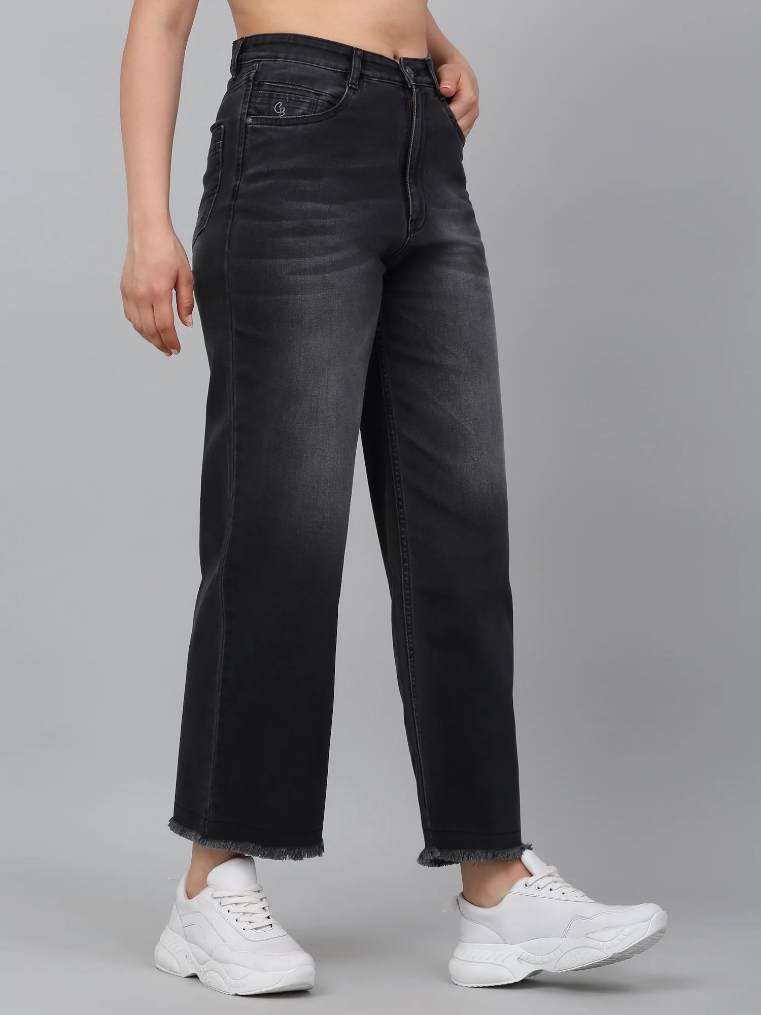 Women's Black Solid Wide Leg Stretchable Jeans - Image 4